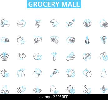 Grocery mall linear icons set. Produce, Dairy, Meat, Bakery, Frozen, Snacks, Canned line vector and concept signs. Beverages,Deli,Condiments outline Stock Vector
