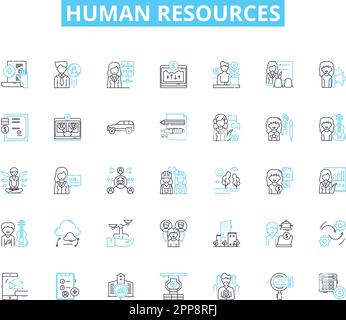 Human resources linear icons set. Recruitment, Hiring, Onboarding, Training, Development, Performance, Management line vector and concept signs Stock Vector