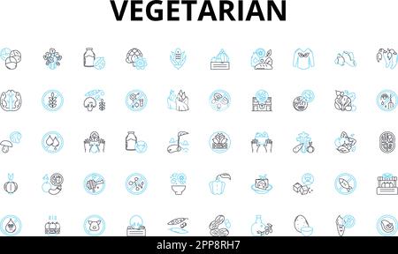 Vegetarian linear icons set. Plant-based, Vegan, Meatless, Herbal, Sustainable, Organic, Healthy vector symbols and line concept signs. Nutritious Stock Vector
