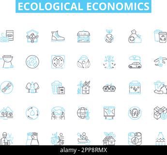Ecological economics linear icons set. Sustainability, Environment, Economy, Resources, Climate, Systems, Policy line vector and concept signs Stock Vector