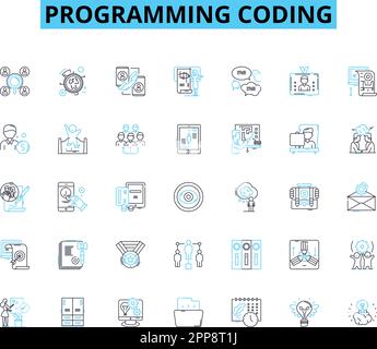 Programming coding linear icons set. Syntax, Algorithms, Debugging, Variables, Loops, Functions, Classes line vector and concept signs. Libraries Stock Vector