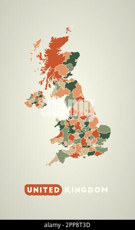 United Kingdom poster in retro style. Map of the country with regions in autumn color palette. Shape of United Kingdom with country name. Stock Vector