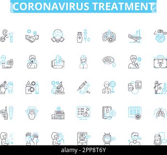 Coronavirus treatment linear icons set. Vaccine, Remdesivir, Hydroxychloroquine, Oxygen, Ventilator, Antibiotics, Antivirals line vector and concept Stock Vector