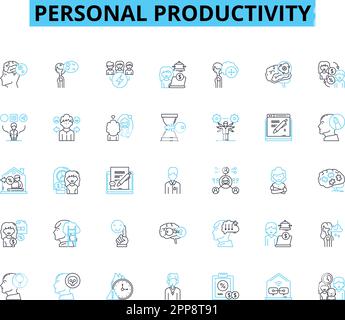 Personal productivity linear icons set. Focus, Efficiency, Time-management, Organize, Prioritize, Procrastination, Motivation line vector and concept Stock Vector