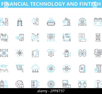 Financial Technology and FinTech linear icons set. Blockchain, Cryptocurrency, AI, Regtech, Peer-to-peer, Crowdfunding, Mobile payments line vector Stock Vector