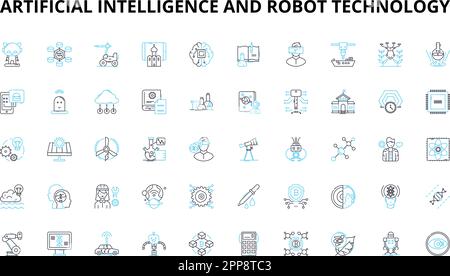 Artificial intelligence and robot technology linear icons set. Robotics, Automation, Machine learning, Neural nerks, Expert systems, Chatbots Stock Vector