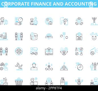Corporate finance and accounting linear icons set. Auditing, Bookkeeping, Budgeting, Capital, Cashflow, Debt, Equity line vector and concept signs Stock Vector