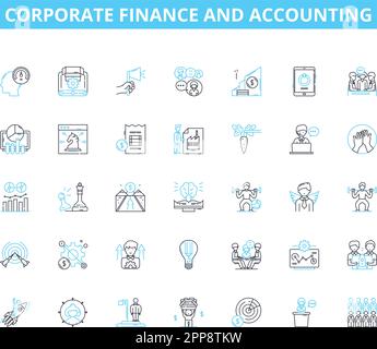 Corporate finance and accounting linear icons set. Auditing, Bookkeeping, Budgeting, Capital, Cashflow, Debt, Equity line vector and concept signs Stock Vector