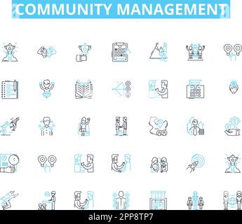 Community management linear icons set. Engage, Empower, Connect, Build, Advocate, Facilitate, Nurture line vector and concept signs. Communicate Stock Vector