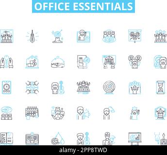 Office essentials linear icons set. Desk, Chair, Computer, Pen, Notebook, Stapler, Envelopes line vector and concept signs. Paperclips,Scissors,Tape Stock Vector