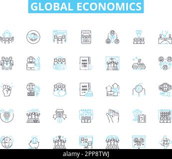 Global economics linear icons set. Trade, Exchange, Growth, Recession, Inflation, Deflation, Market line vector and concept signs. Capitalism Stock Vector