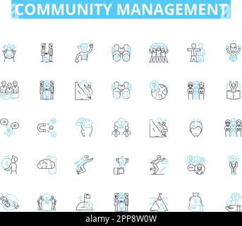 Community management linear icons set. Engage, Empower, Connect, Build, Advocate, Facilitate, Nurture line vector and concept signs. Communicate Stock Vector