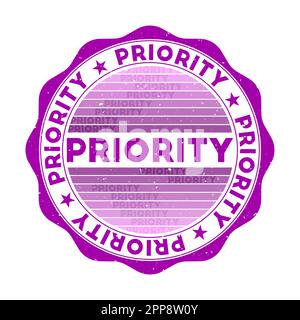 Priority badge. Grunge word round stamp with texture in Magenta color theme. Vintage style geometric priority seal with gradient stripes. Stock Vector