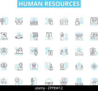 Human resources linear icons set. Recruitment, Hiring, Onboarding, Training, Development, Performance, Management line vector and concept signs Stock Vector