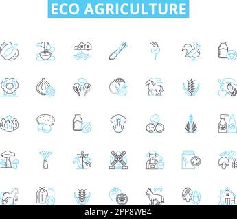 Eco agriculture linear icons set. Sustainability, Organic, Regenerative, Permaculture, Biodynamic, Composting, Agroforestry line vector and concept Stock Vector