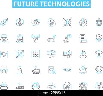 Future technologies linear icons set. Robotics, Drs, Augmented Reality, Virtual Reality, Biotechnology, Nanotechnology, Quantum Computing line vector Stock Vector