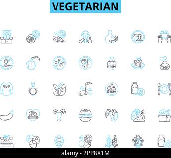 Vegetarian linear icons set. Plant-based, Vegan, Meatless, Herbal, Sustainable, Organic, Healthy line vector and concept signs. Nutritious,Tasty Stock Vector