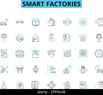 Smart factories linear icons set. Automation, Robotics, Efficiency, Innovation, Integration, Digitization, Optimization line vector and concept signs Stock Vector