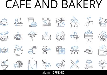 Cafe and bakery line icons collection. Sweet Shop, Diner Eatery, Juice Bar, Pizza Parlor, Burger Joint, Tasty Treats, Bistro Cafe vector and linear Stock Vector