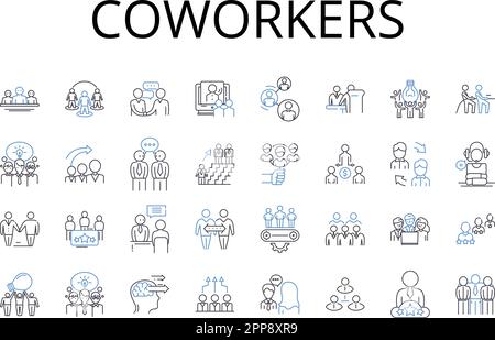 Coworkers line icons collection. Peers, Associates, Colleagues, Companions, Acquaintances, Contemporaries, Allies vector and linear illustration Stock Vector
