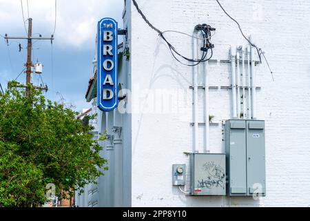 NEW ORLEANS, LA, USA - APRIL 1, 2023: Broad Theater building showing the sign and circuit boxes on the side of the building in Mid City neighborhood Stock Photo