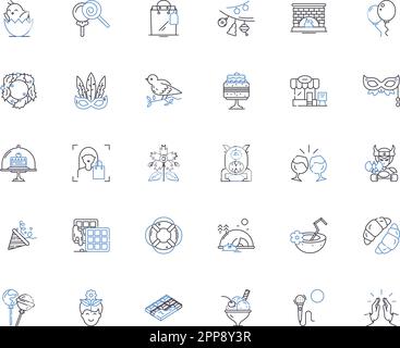 Date of birth line icons collection. Birthday, Age, Zodiac, Horoscope, Celebration, Anniversary, Candle vector and linear illustration. Cake,Gift Stock Vector