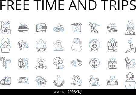 Free time and trips line icons collection. Leisure, Vacation, Retreat, Respite, Break, Getaway, Holiday vector and linear illustration. Time off Stock Vector