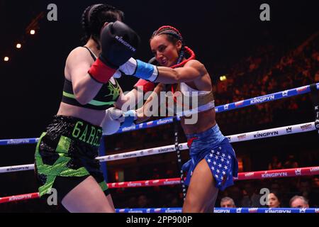 LONDON, UK - APRIL 22: Avery Pongracz battles Whitney Johns in their 140 lbs fight during the Kingpyn High Stakes Tournament event at OVO Arena Wembley on April 22, 2023 in London, UK, UK. (Photo by Vianney Lecaer/PxImages) Stock Photo