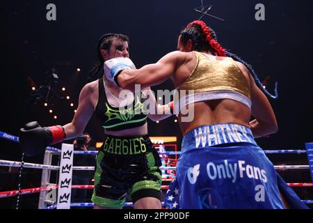 LONDON, UK - APRIL 22: Avery Pongracz battles Whitney Johns in their 140 lbs fight during the Kingpyn High Stakes Tournament event at OVO Arena Wembley on April 22, 2023 in London, UK, UK. (Photo by Vianney Lecaer/PxImages) Stock Photo