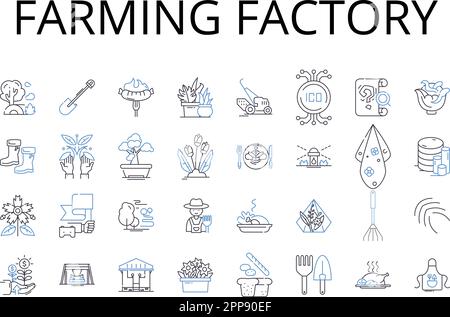 Farming factory line icons collection. Automobile plant, Meat factory, Fishery plant, Textile mill, Power station, Paper mill, Iron foundry vector and Stock Vector