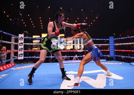 LONDON, UK - APRIL 22: Avery Pongracz battles Whitney Johns in their 140 lbs fight during the Kingpyn High Stakes Tournament event at OVO Arena Wembley on April 22, 2023 in London, UK, UK. (Photo by Vianney Lecaer/PxImages) Stock Photo