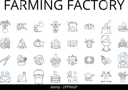 Farming factory line icons collection. Automobile plant, Meat factory, Fishery plant, Textile mill, Power station, Paper mill, Iron foundry vector and Stock Vector