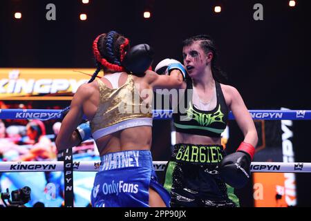 LONDON, UK - APRIL 22: Avery Pongracz battles Whitney Johns in their 140 lbs fight during the Kingpyn High Stakes Tournament event at OVO Arena Wembley on April 22, 2023 in London, UK, UK. (Photo by Vianney Lecaer/PxImages) Stock Photo