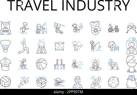 Travel industry line icons collection. Tourism, Hospitality industry, Vacation industry, Tourist sector, Leisure industry, Travel and hospitality Stock Vector