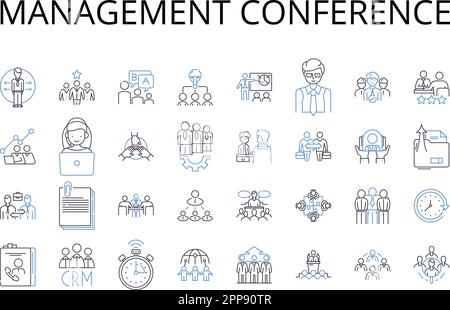 Management conference line icons collection. Executive meeting, Leadership seminar, Professional gathering, Business forum, Strategic summit Stock Vector