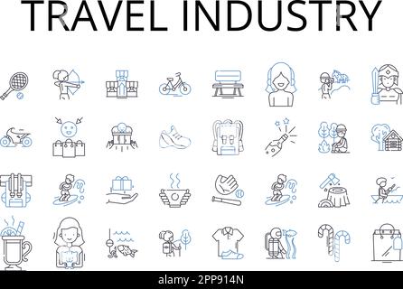 Travel industry line icons collection. Tourism, Hospitality industry, Vacation industry, Tourist sector, Leisure industry, Travel and hospitality Stock Vector