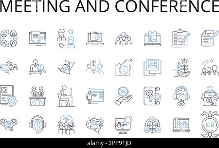 Meeting and conference line icons collection. Assembly, Gathering, Convention, Symposium, Forum, Session, Colloquium vector and linear illustration Stock Vector