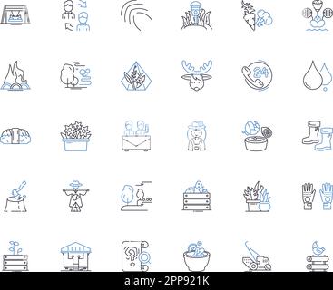 Fishery plant line icons collection. Aquaculture, Harvesting, Processing, Hatchery, Breeding, Fishing, Equipment vector and linear illustration Stock Vector