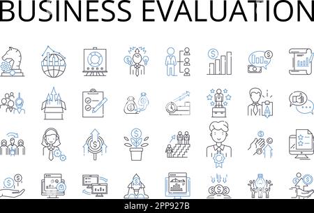 Business evaluation line icons collection. Economic analysis, Market assessment, Financial appraisal, Corporate examination, Commercial appraisal Stock Vector