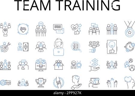 Team training line icons collection. Group instruction, Collective education, Crew development, Organization workshop, Joint coaching, Coalition Stock Vector