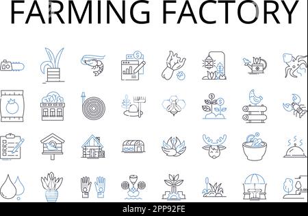 Farming factory line icons collection. Automobile plant, Meat factory, Fishery plant, Textile mill, Power station, Paper mill, Iron foundry vector and Stock Vector