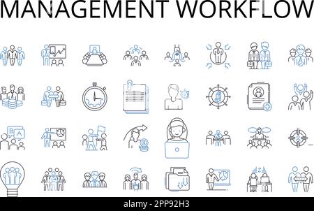 Management workflow line icons collection. Project management, Creative workflow, Business strategy, Marketing planning, Production pipeline Stock Vector