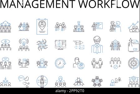 Management workflow line icons collection. Project management, Creative workflow, Business strategy, Marketing planning, Production pipeline Stock Vector