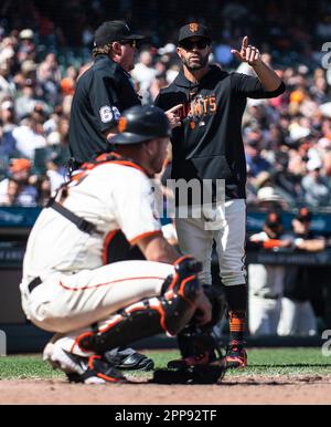 San Francisco Giants manager Gabe Kapler, left, greets Los Angeles Dodgers  manager Dave Roberts before a baseball game in San Francisco, Monday, April  10, 2023. (AP Photo/Jeff Chiu Stock Photo - Alamy