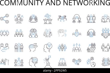 Community and networking line icons collection. Society, Group, Association, Neighborhood, Tribe, Faction, Fellowship vector and linear illustration Stock Vector