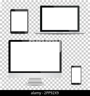 Set of realistic computer monitor, laptop, tablet and mobile phone with empty white screen. Various modern electronic gadget on isolate background. Stock Vector