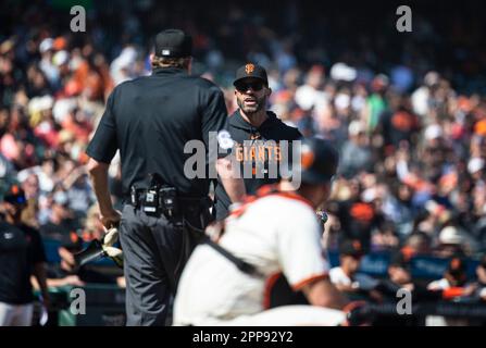 April 09 2022 San Francisco CA, U.S.A San Francisco Manager Gabe Kapler  walks back to the dugout after changing pitcher during MLB game between the  Miami Marlins and the San Francisco Giants.