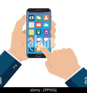 Hand touching smart phone with icons on the screen. Flat vector illustration. Stock Vector