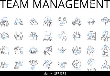 Team management line icons collection. Project coordination, Leadership skills, Staff supervision, Staff oversight, Group management, Employee Stock Vector