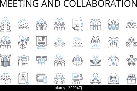 Meeting and collaboration line icons collection. Discussion and conversation, Decision-making and resolution, Brainstorming and ideation, Nerking and Stock Vector